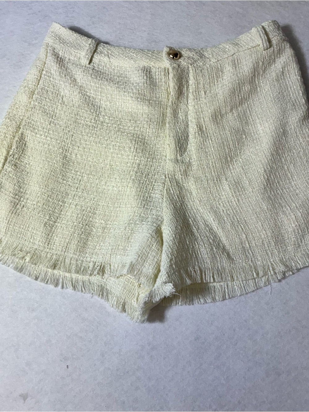 She + Sky Cream High-Waist Textured Fringe Hem Shorts